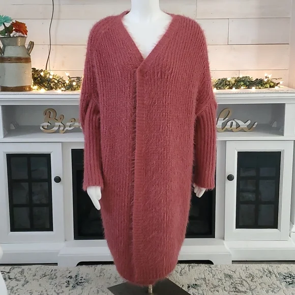 QED London Long Open Front Cardigan in Rust-Orange Color. Large. - Picture 3 of 16